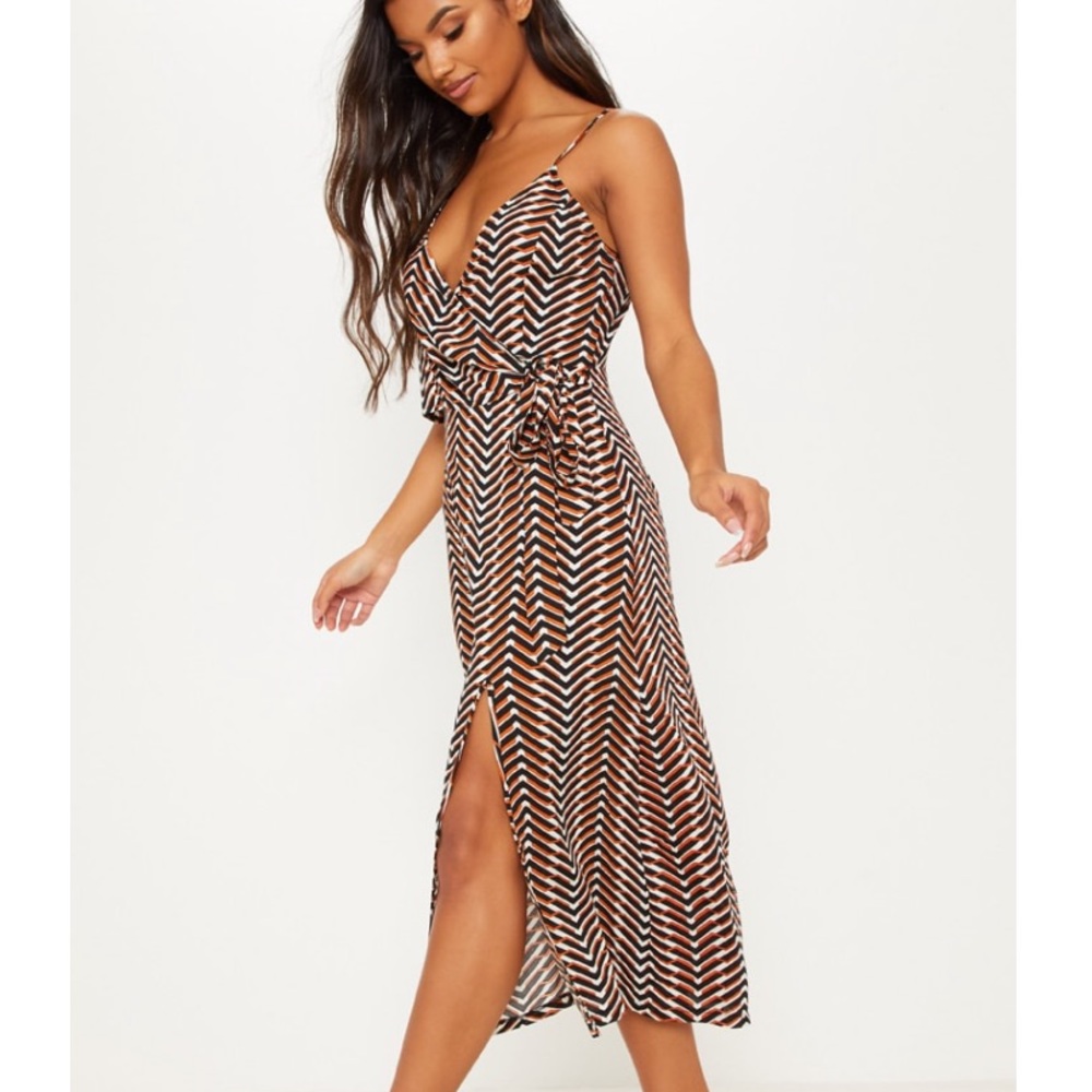 Black Print Tie Side Strappy Stripe Midi Dress